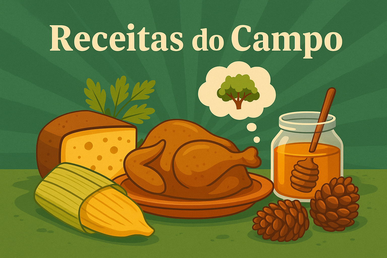 Imagem de ingredientes do campo, queijo, frango, pinhão, mel e pamonha